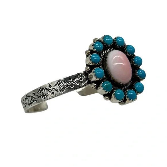 925 Sterling Silver Pink Conch & Kingman Turquoise Cuff Bracelet
